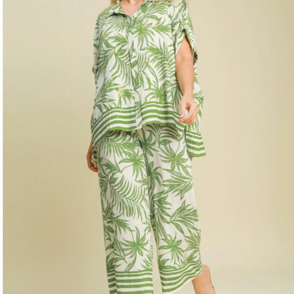 094.Tropical Breeze Button-Up Shirt &  Print Wide Leg Pants 2pc SET